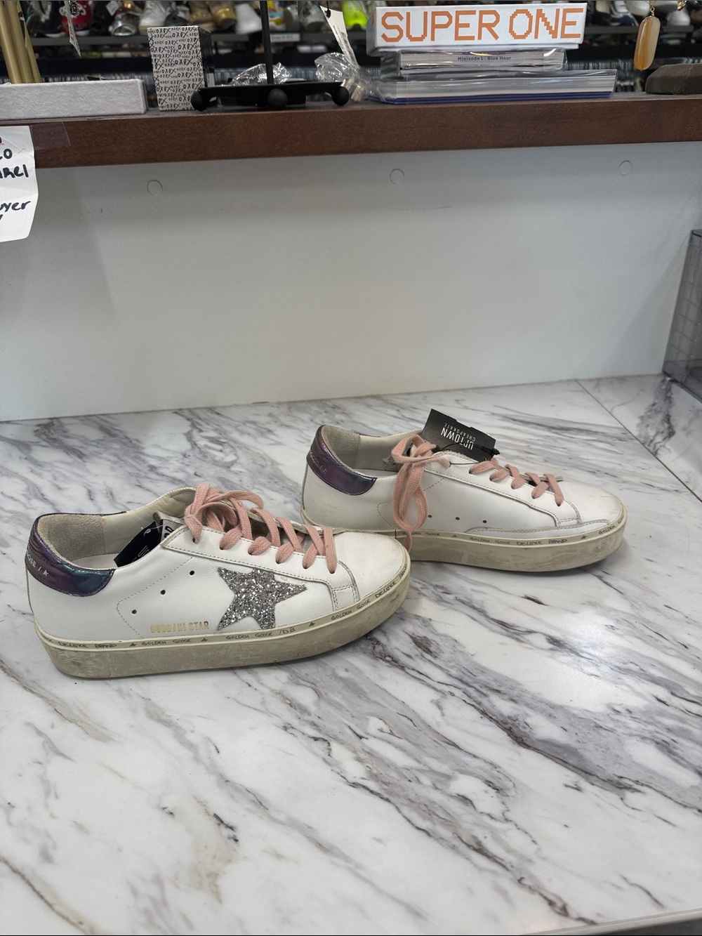 Golden Goose White Leather Sneakers with Pink Laces and Silver Star - Picture 3 of 10